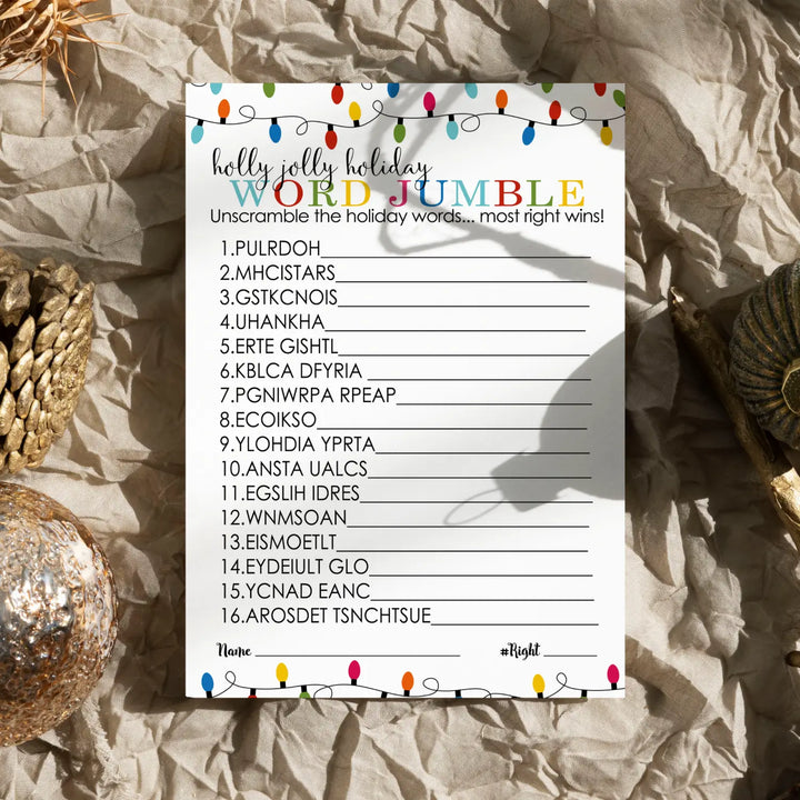 Festive Lights Christmas Word Scramble Games for Adults, Large Groups, Holiday Party, 25 Pack, Colorful Xmas Favors 5x7 Cards - Paper Clever Party