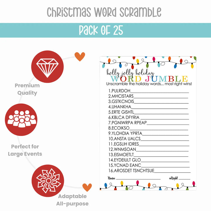 Festive Lights Christmas Word Scramble Games for Adults, Large Groups, Holiday Party, 25 Pack, Colorful Xmas Favors 5x7 Cards - Paper Clever Party