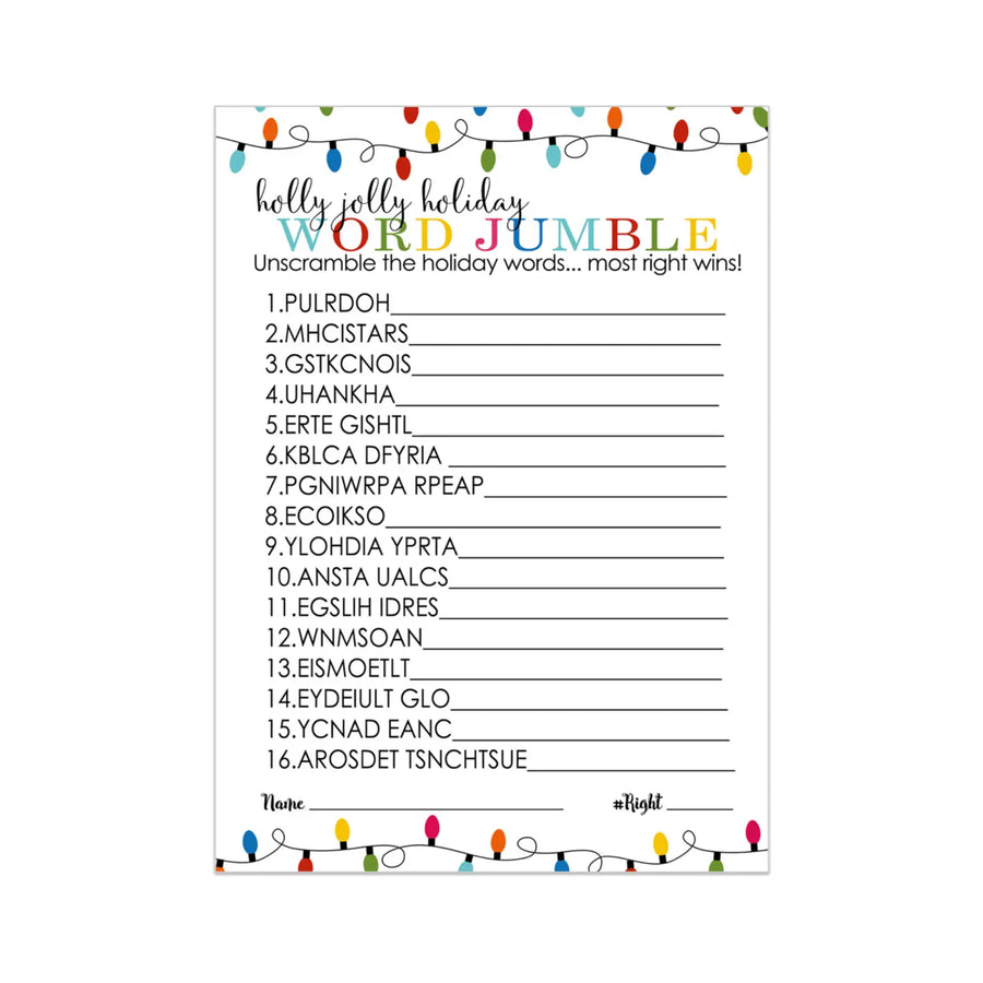 Festive Lights Christmas Word Scramble Games for Adults, Large Groups, Holiday Party, 25 Pack, Colorful Xmas Favors 5x7 Cards - Paper Clever Party