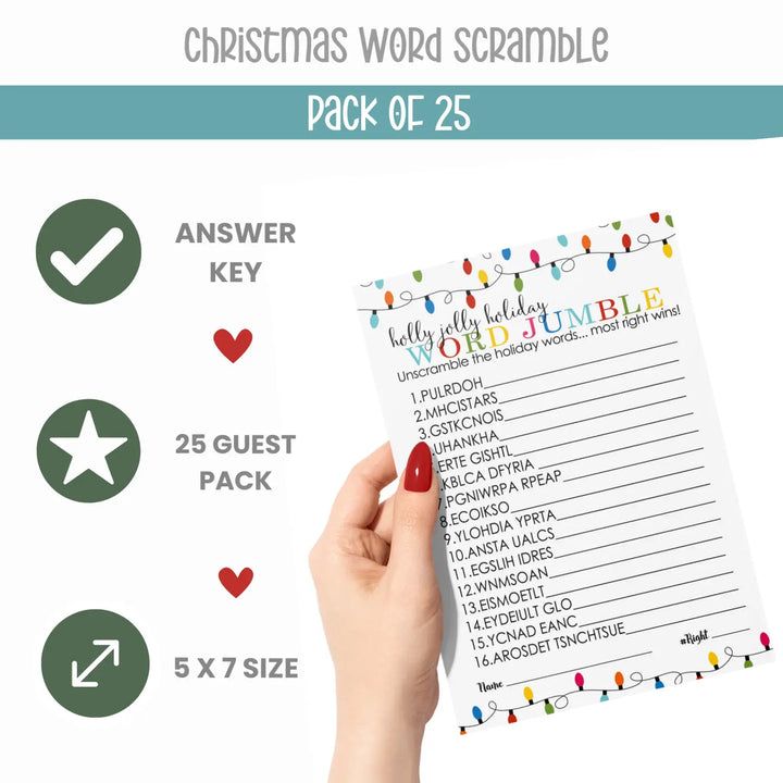 Festive Lights Christmas Word Scramble Games for Adults, Large Groups, Holiday Party, 25 Pack, Colorful Xmas Favors 5x7 Cards - Paper Clever Party