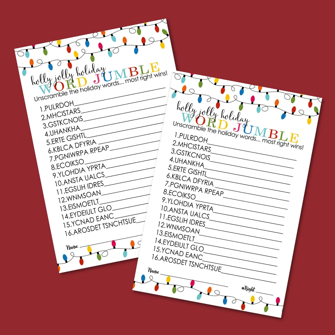 Festive lights christmas word scramble printable – digital instant download pdf - party games