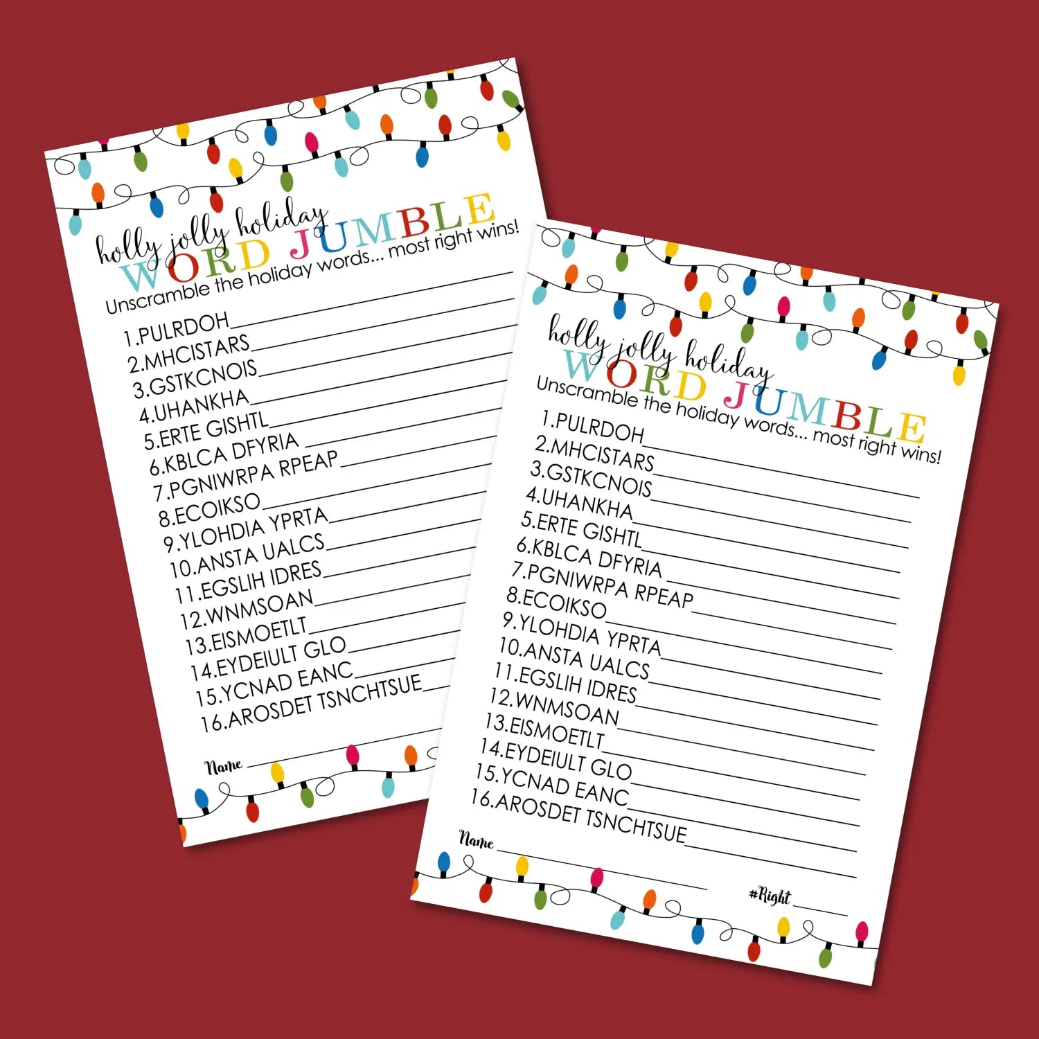 Festive lights christmas word scramble printable – digital instant download pdf - party games