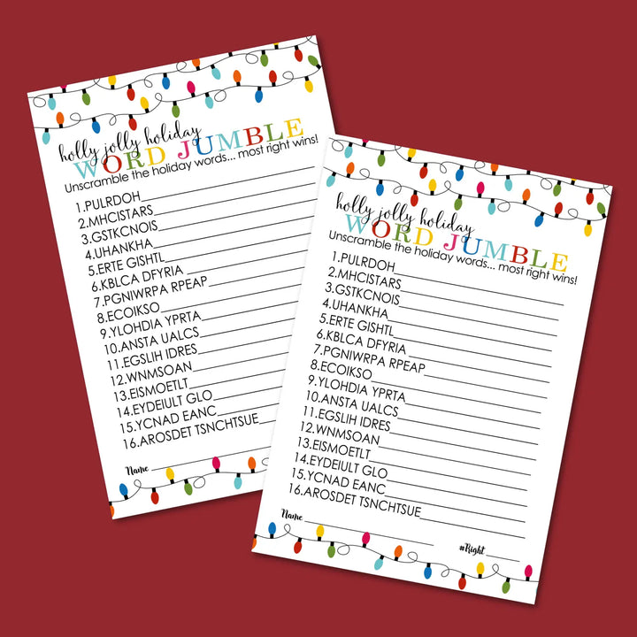 Festive lights christmas word scramble printable – digital instant download pdf - party games