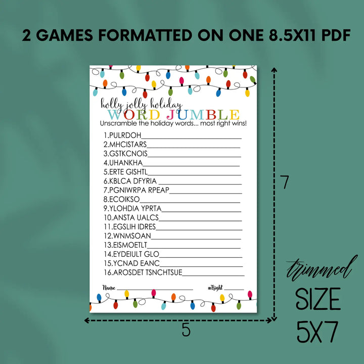 Festive lights christmas word scramble printable – digital instant download pdf - party games
