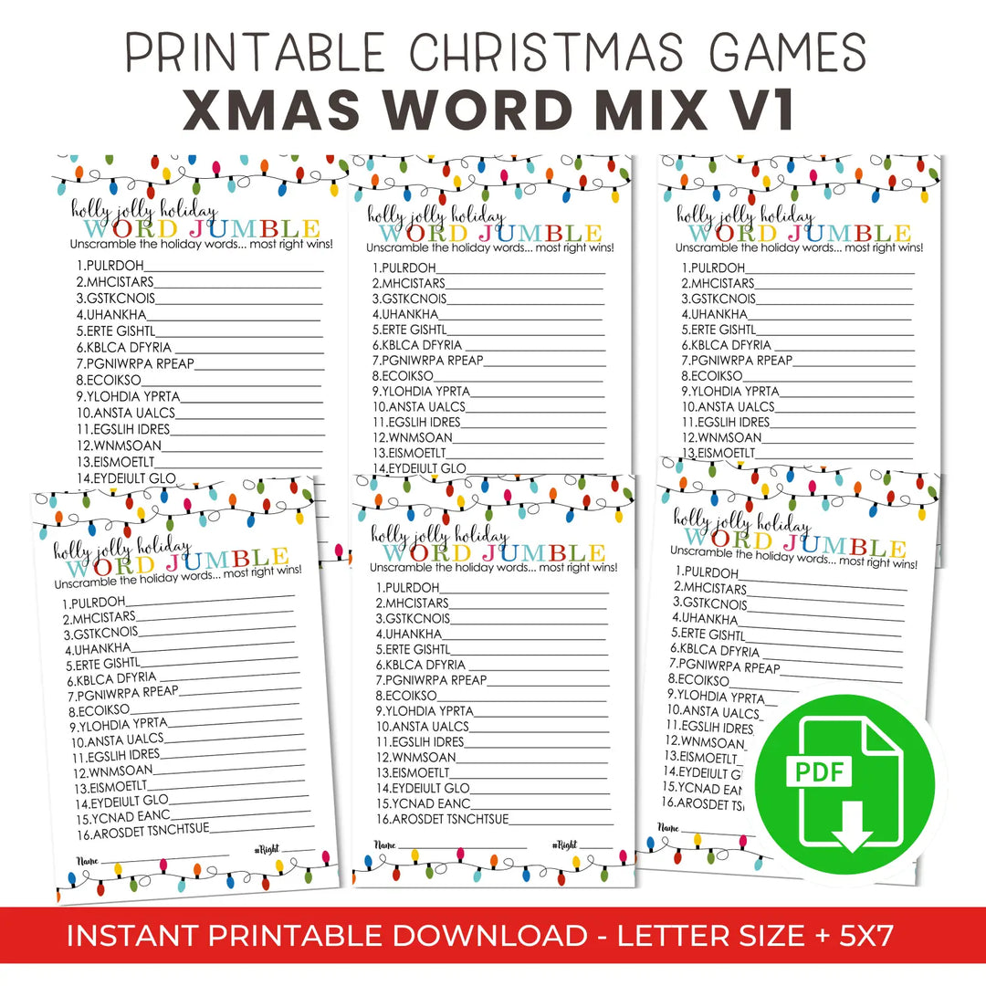Festive lights christmas word scramble printable – digital instant download pdf - party games