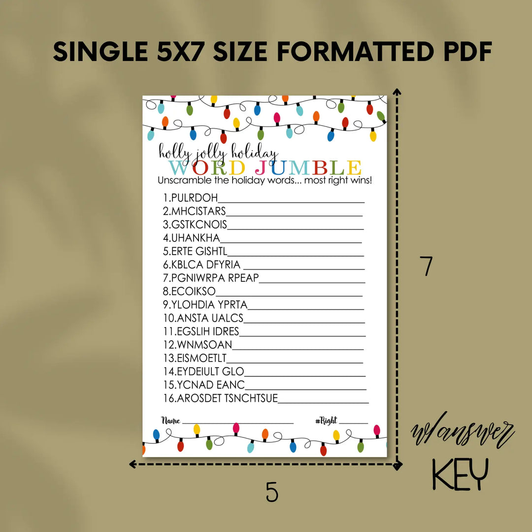 Festive lights christmas word scramble printable – digital instant download pdf - party games