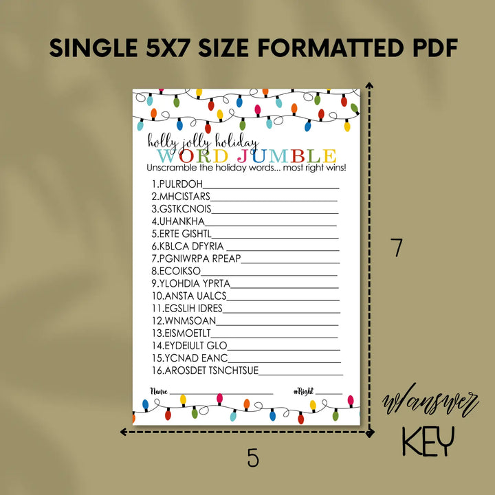 Festive lights christmas word scramble printable – digital instant download pdf - party games