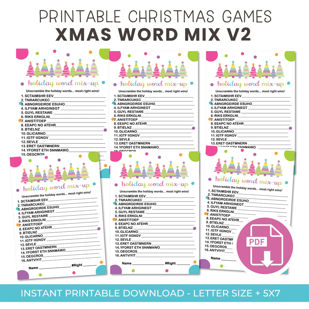 Festive trees christmas word scramble printable – digital download instant - party games