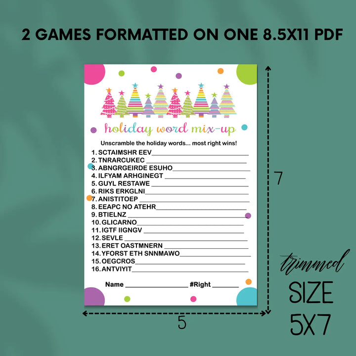 Festive trees christmas word scramble printable – digital download instant - party games