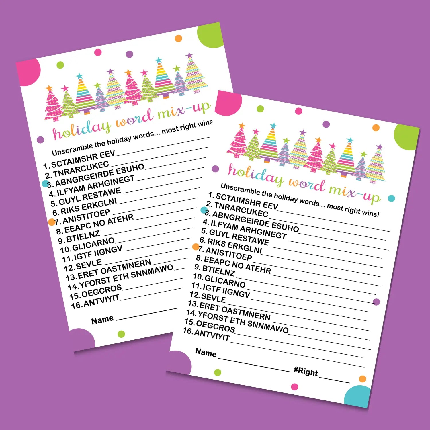 Festive trees christmas word scramble printable – digital download instant - party games