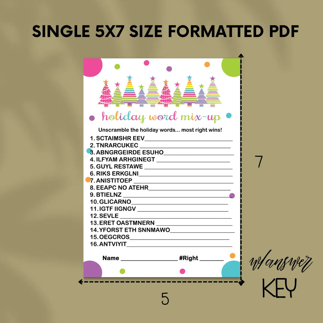 Festive trees christmas word scramble printable – digital download instant - party games