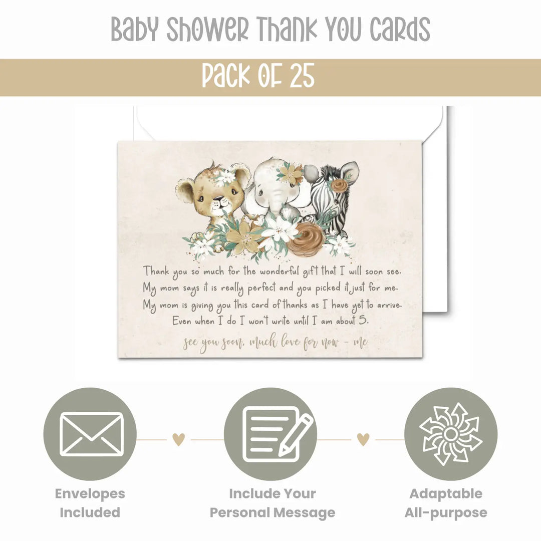 Flora Jungle Baby Shower Thank You Cards for Girls – Notecards with Envelopes (Pack of 25) - Paper Clever Party