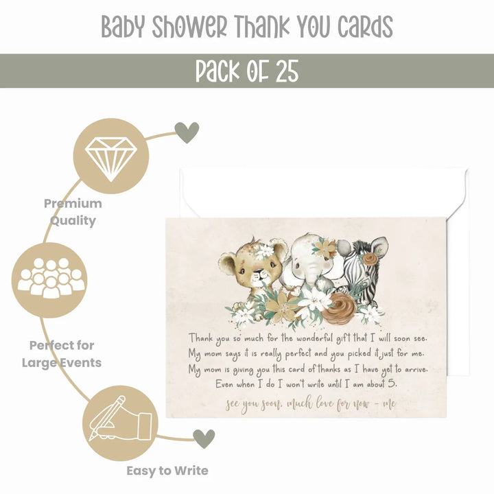 Flora Jungle Baby Shower Thank You Cards for Girls – Notecards with Envelopes (Pack of 25) - Paper Clever Party