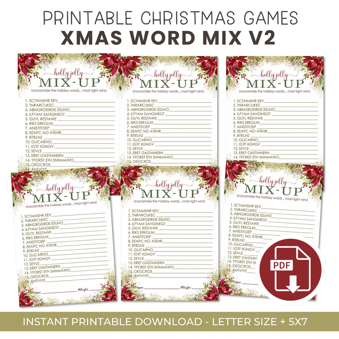 Floral christmas word scramble printable – digital instant download pdf version 2 - party games