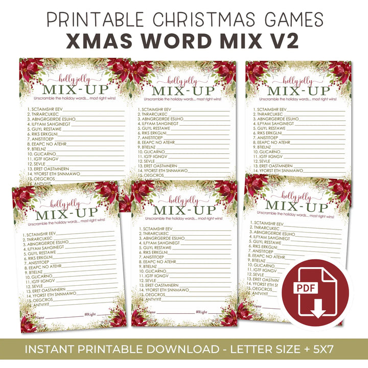 Floral christmas word scramble printable – digital instant download pdf version 2 - party games