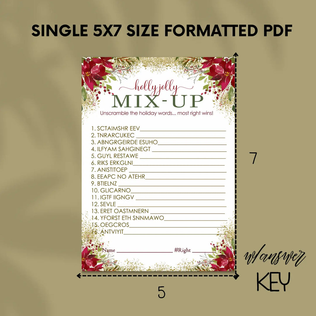 Floral christmas word scramble printable – digital instant download pdf version 2 - party games