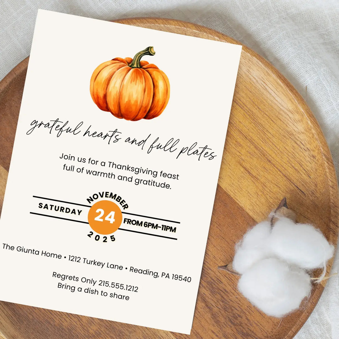 Friendsgiving invitations printed or printable personalized thanksgiving invites grateful hearts and full plates