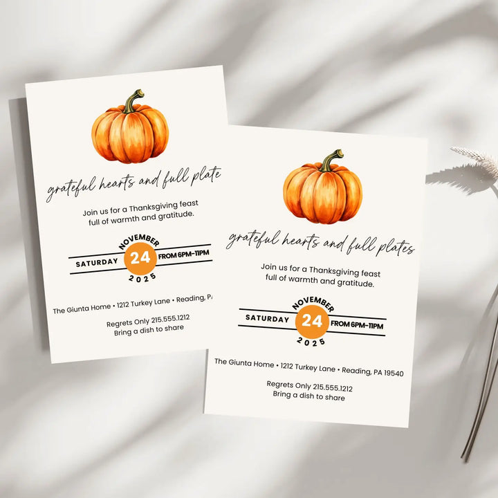 Friendsgiving invitations printed or printable personalized thanksgiving invites grateful hearts and full plates