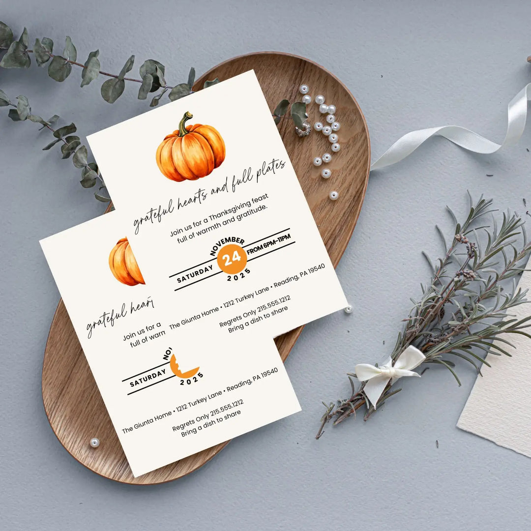 Friendsgiving invitations printed or printable personalized thanksgiving invites grateful hearts and full plates