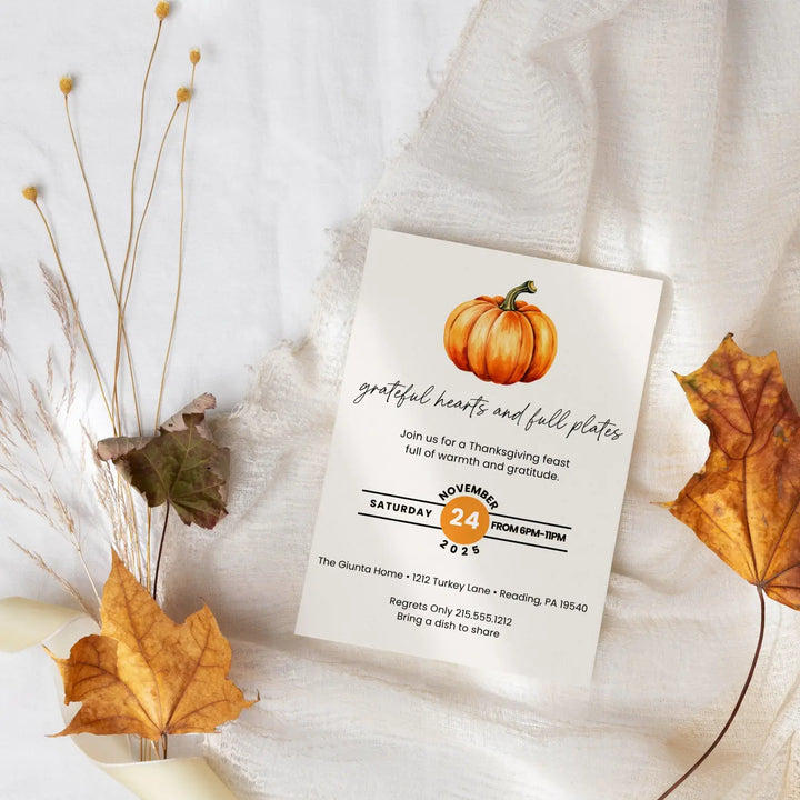 Friendsgiving invitations printed or printable personalized thanksgiving invites grateful hearts and full plates