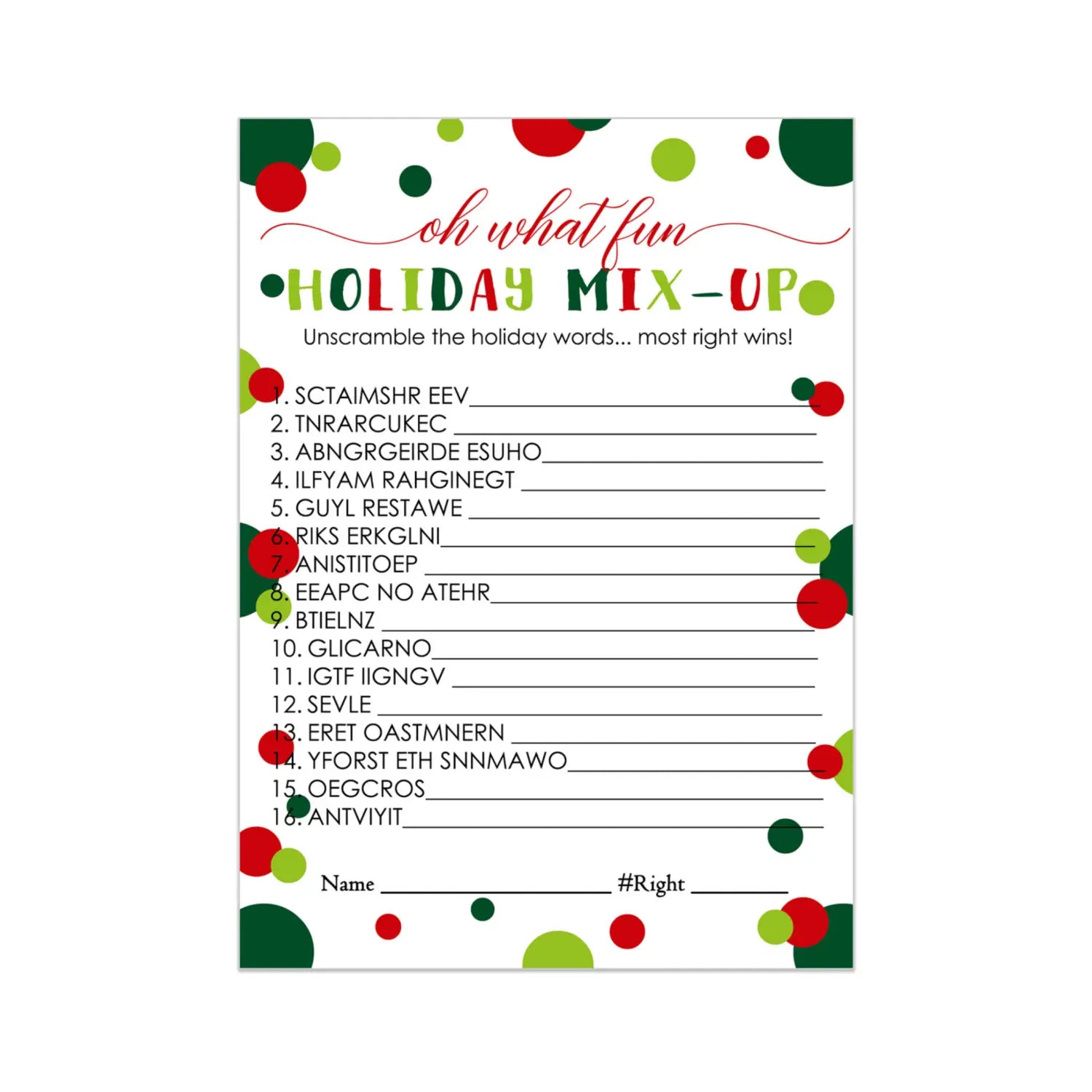 Oh fun christmas word scramble game holiday activity for adults office party groups thanksgiving red and green favors
