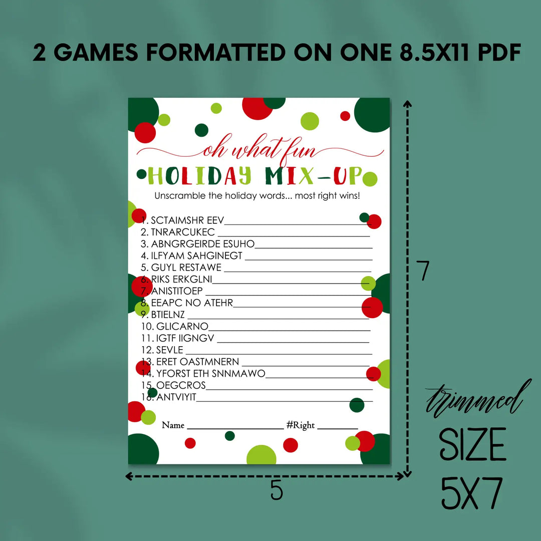 Oh fun christmas word scramble printable – digital instant download pdf red and green - party games