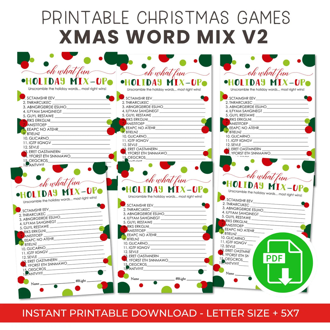 Oh fun christmas word scramble printable – digital instant download pdf red and green - party games