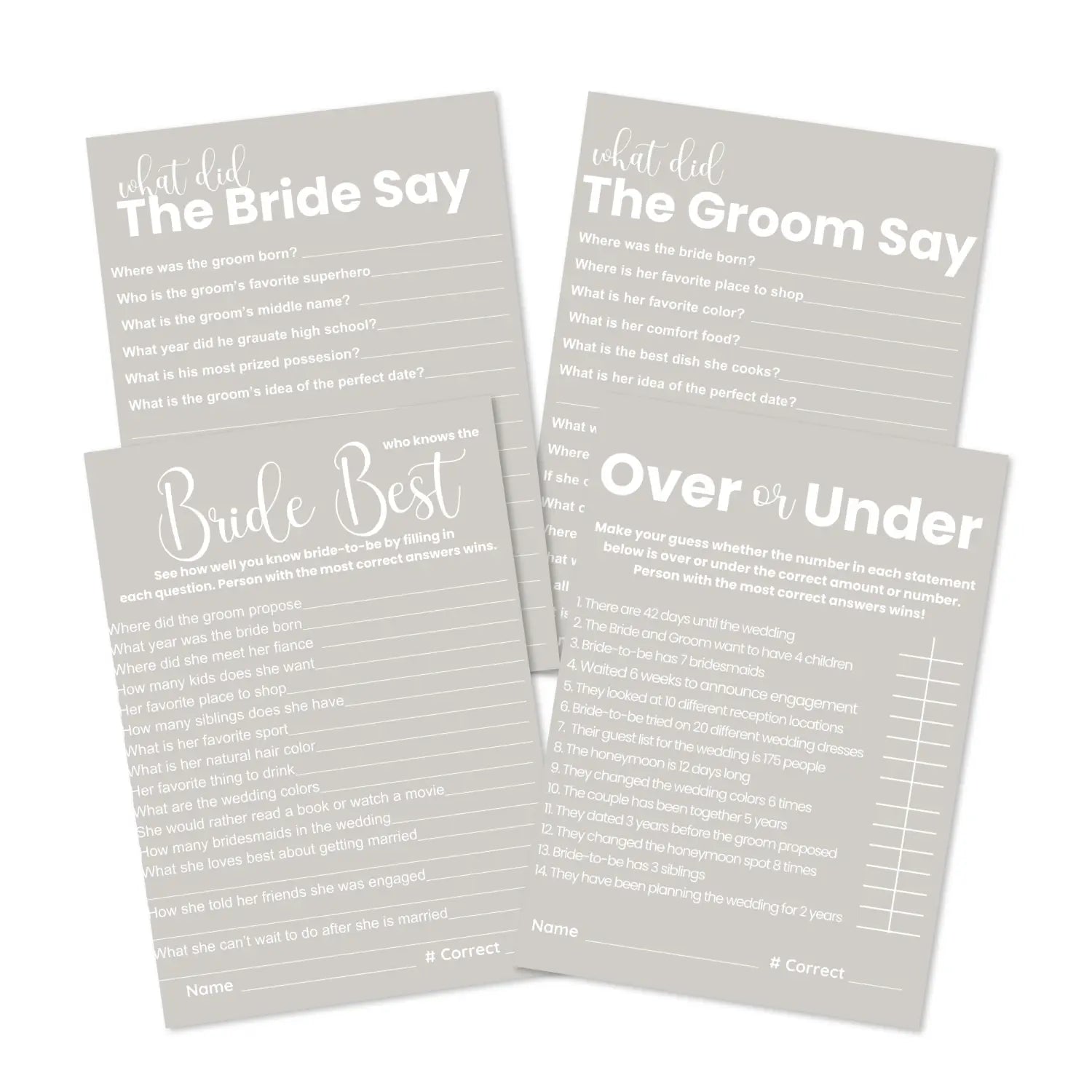 Fun party games for weddings - 4 printable activities bridal showers - elegant modern taupe theme