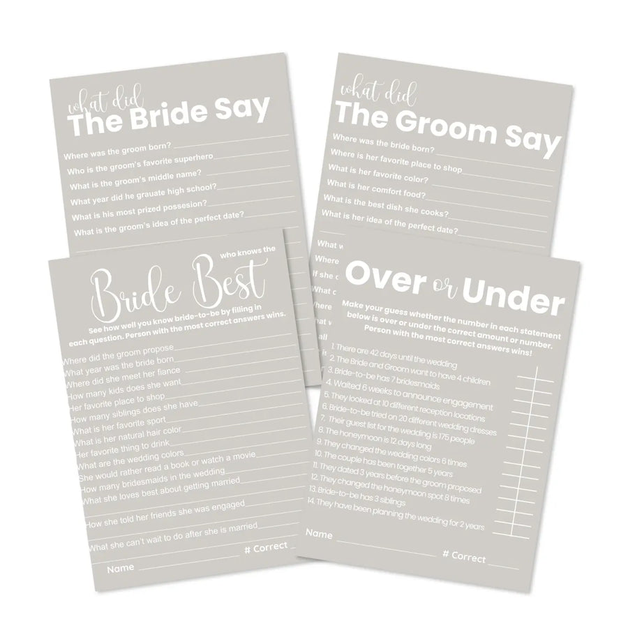 Fun party games for weddings - 4 printable activities bridal showers - elegant modern taupe theme