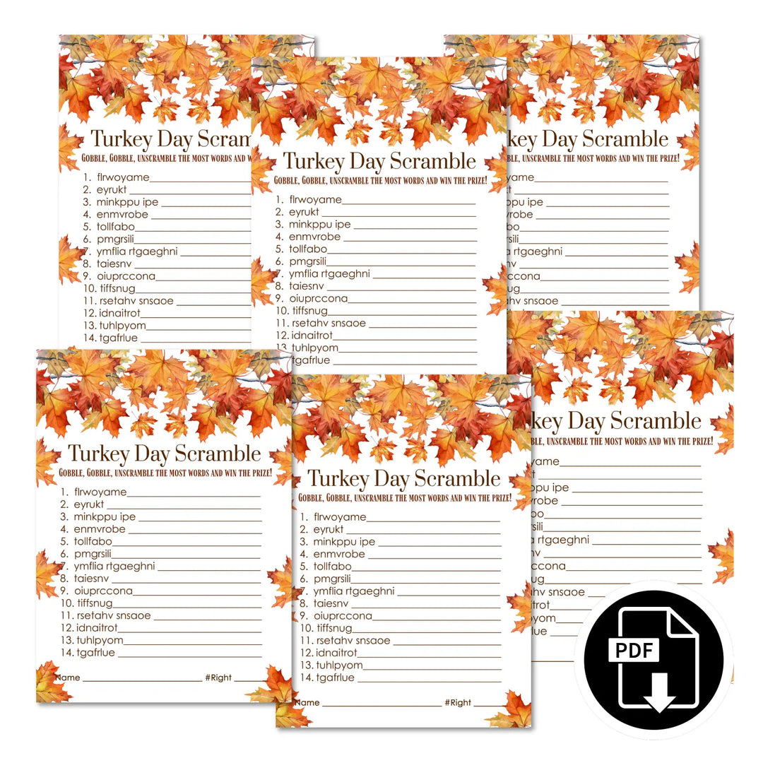Fun thanksgiving day word scramble printable – digital download with leaves design answer key 5x7 letter size instant