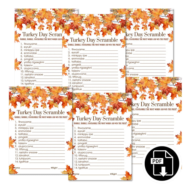 Fun thanksgiving day word scramble printable – digital download with leaves design answer key 5x7 letter size instant