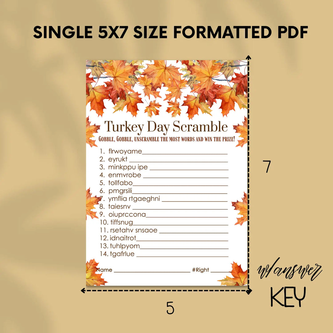 Fun thanksgiving day word scramble printable – digital download with leaves design answer key 5x7 letter size instant