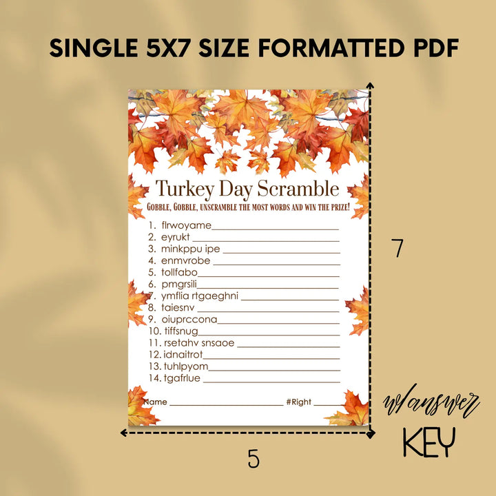 Fun thanksgiving day word scramble printable – digital download with leaves design answer key 5x7 letter size instant