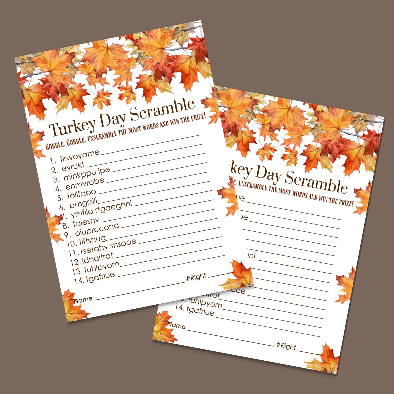 Fun thanksgiving day word scramble printable – digital download with leaves design answer key 5x7 letter size instant