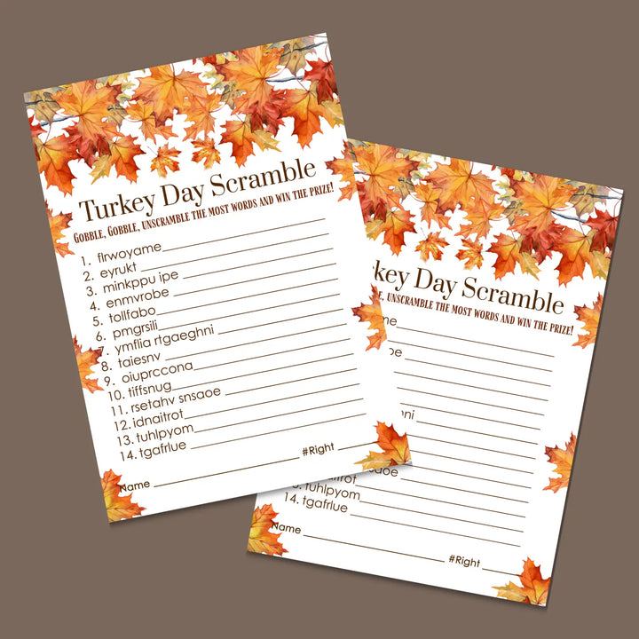 Fun thanksgiving day word scramble printable – digital download with leaves design answer key 5x7 letter size instant