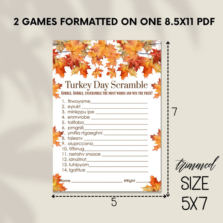 Fun thanksgiving day word scramble printable – digital download with leaves design answer key 5x7 letter size instant