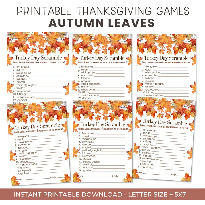 Fun thanksgiving day word scramble printable – digital download with leaves design answer key 5x7 letter size instant