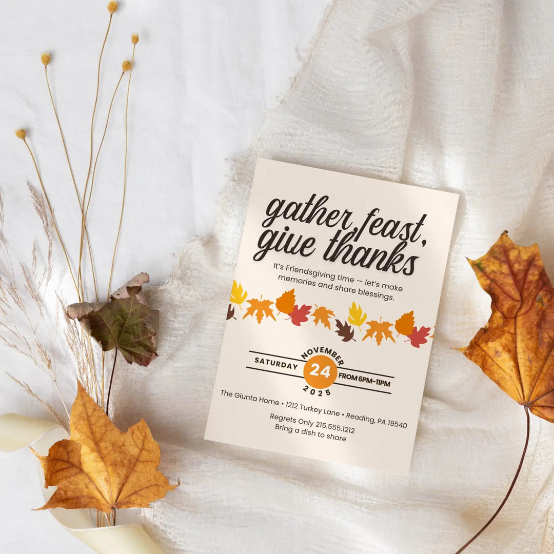 Gather feast and give thanks invitations printed or printable thanksgiving digital invites for fall baby shower