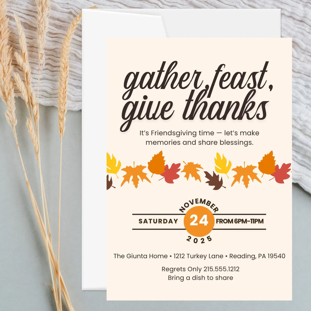 Gather feast and give thanks invitations printed or printable thanksgiving digital invites for fall baby shower