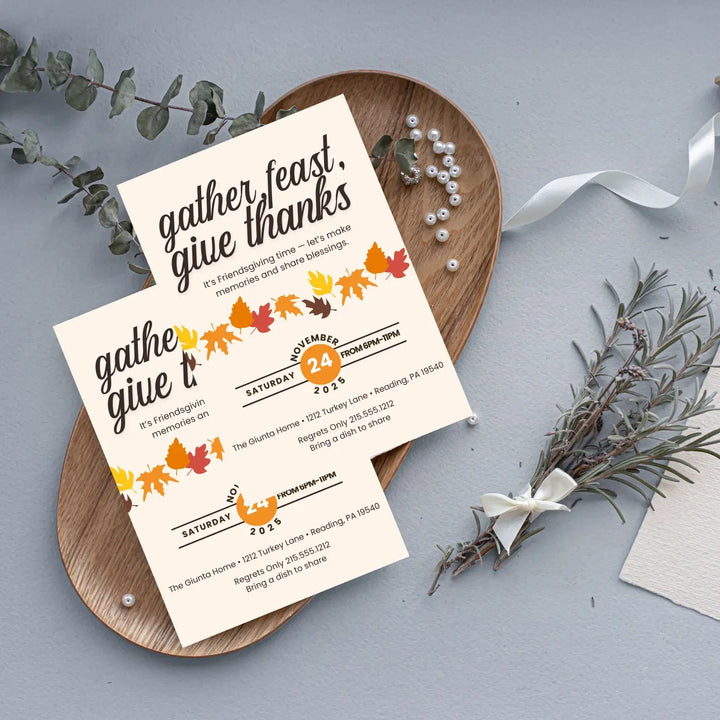 Gather feast and give thanks invitations printed or printable thanksgiving digital invites for fall baby shower