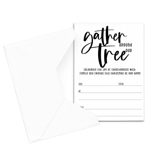 Elegant Black & White Christmas Tree Invitations - “Gather Around Our Tree” - 20 Pack