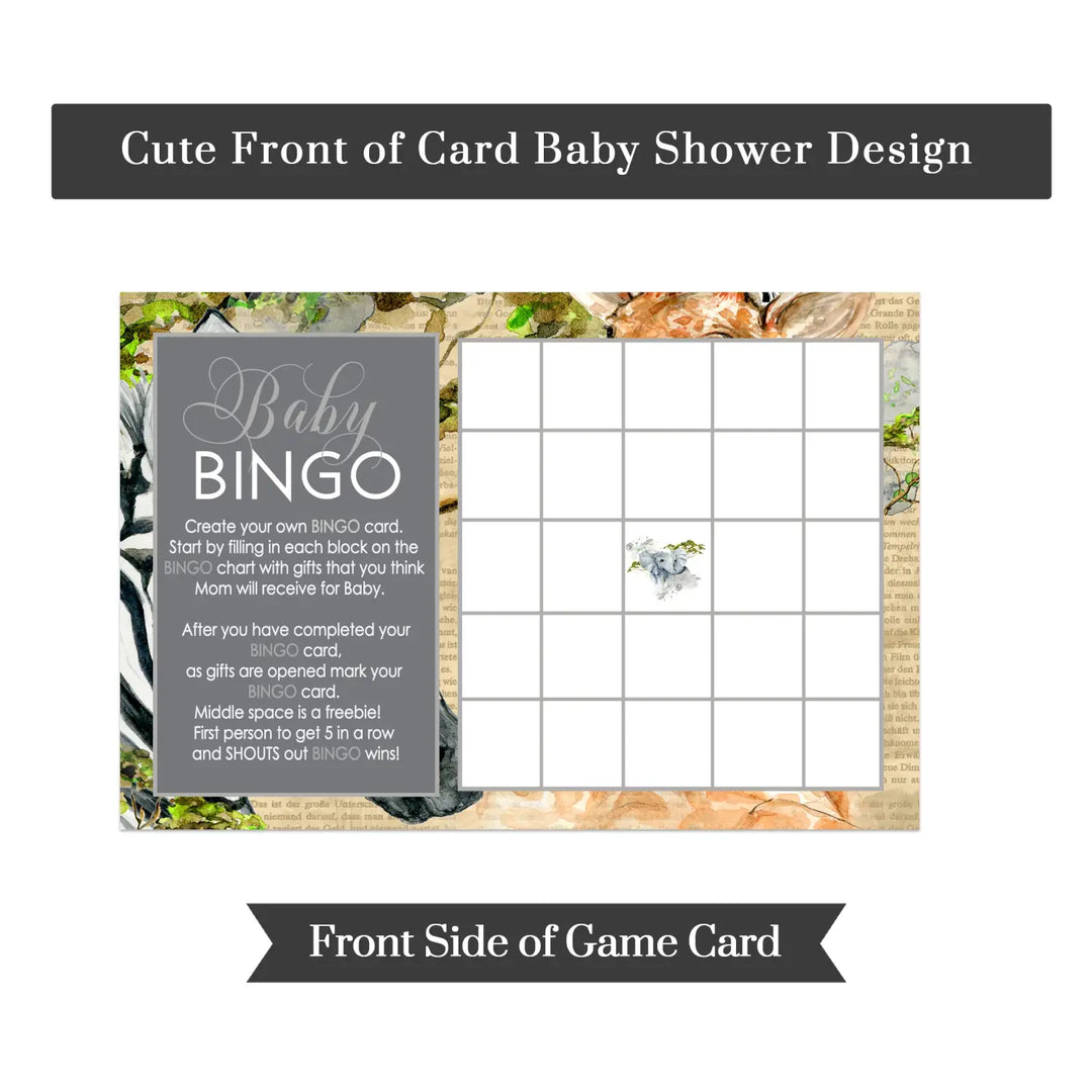 Gender Neutral Jungle Safari Baby Shower Bingo Game - Paper Clever Party