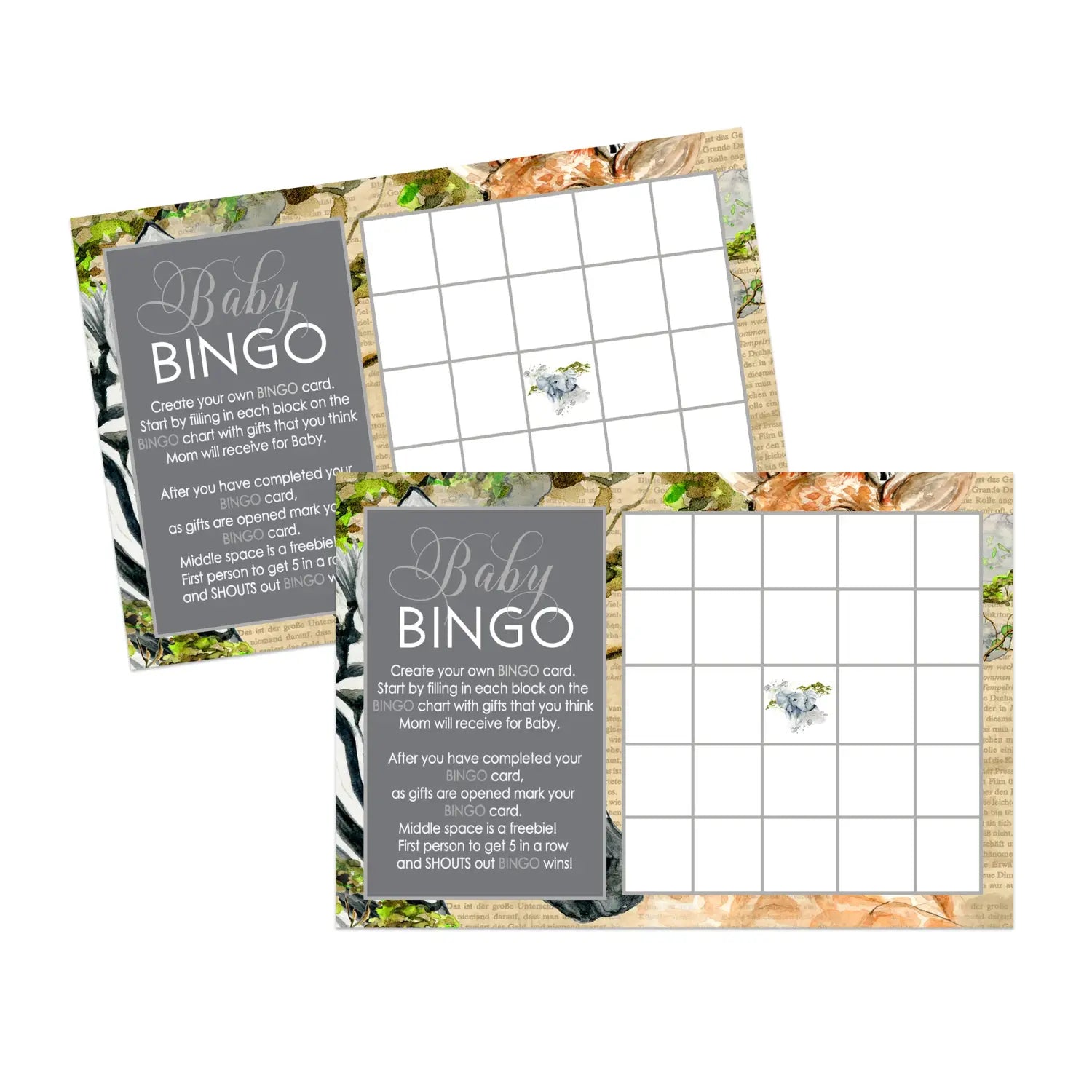 Gender neutral jungle safari baby shower bingo game - party games