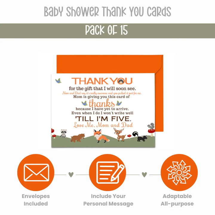 Gender Neutral Woodland Baby Shower Thank You Cards - 15 Pack Notecards with Orange Envelopes, 4x6 - Paper Clever Party