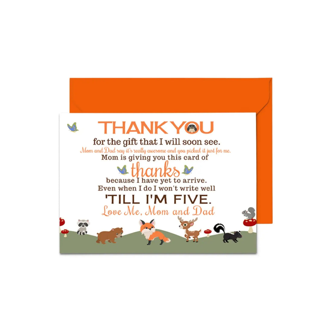 Gender Neutral Woodland Baby Shower Thank You Cards - 15 Pack Notecards with Orange Envelopes, 4x6 - Paper Clever Party