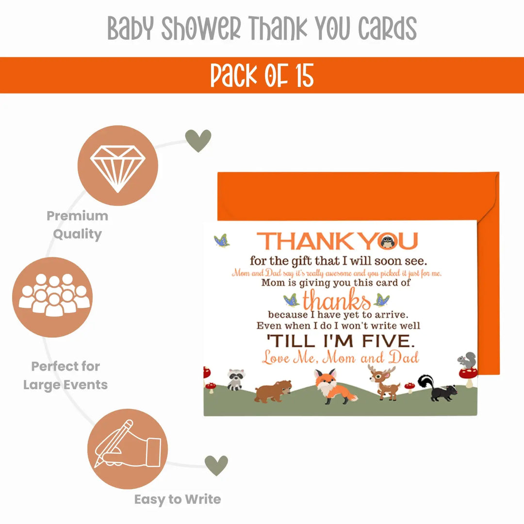 Gender Neutral Woodland Baby Shower Thank You Cards - 15 Pack Notecards with Orange Envelopes, 4x6 - Paper Clever Party