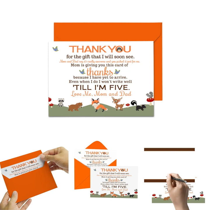 Gender Neutral Woodland Baby Shower Thank You Cards - 15 Pack Notecards with Orange Envelopes, 4x6 - Paper Clever Party