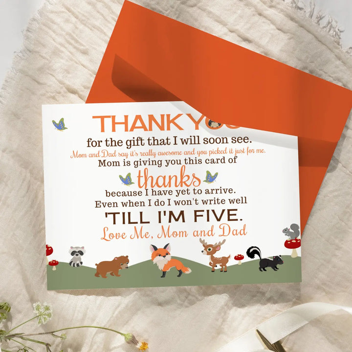 Gender Neutral Woodland Baby Shower Thank You Cards - 15 Pack Notecards with Orange Envelopes, 4x6 - Paper Clever Party