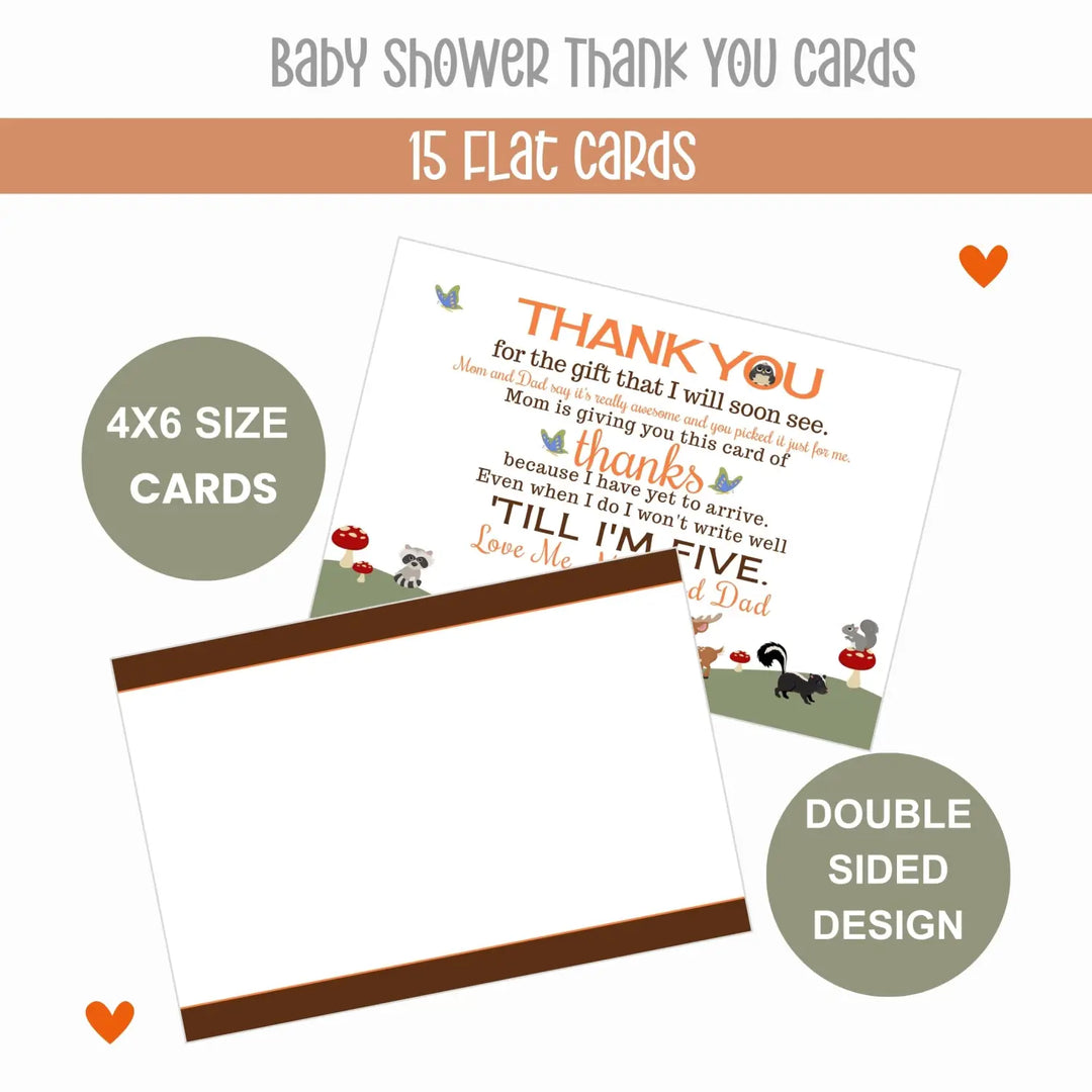 Gender Neutral Woodland Baby Shower Thank You Cards - 15 Pack Notecards with Orange Envelopes, 4x6 - Paper Clever Party