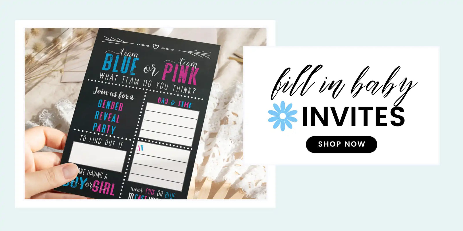 A gender reveal party invitation with ’Team Blue or Pink’ theme.